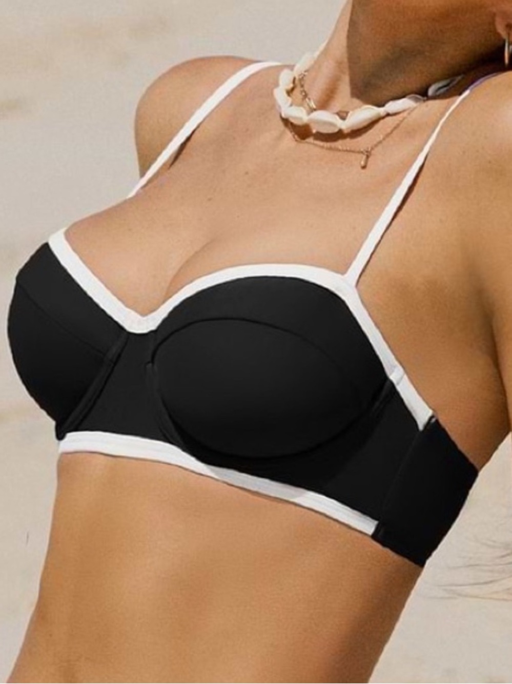 Cupshe black white classic color block with piping trim beach bikini top - Picture 5 of 11